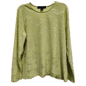 Dialogue Wearable Art Top Womens XL Green Textured Floral Long Sleeve Casual